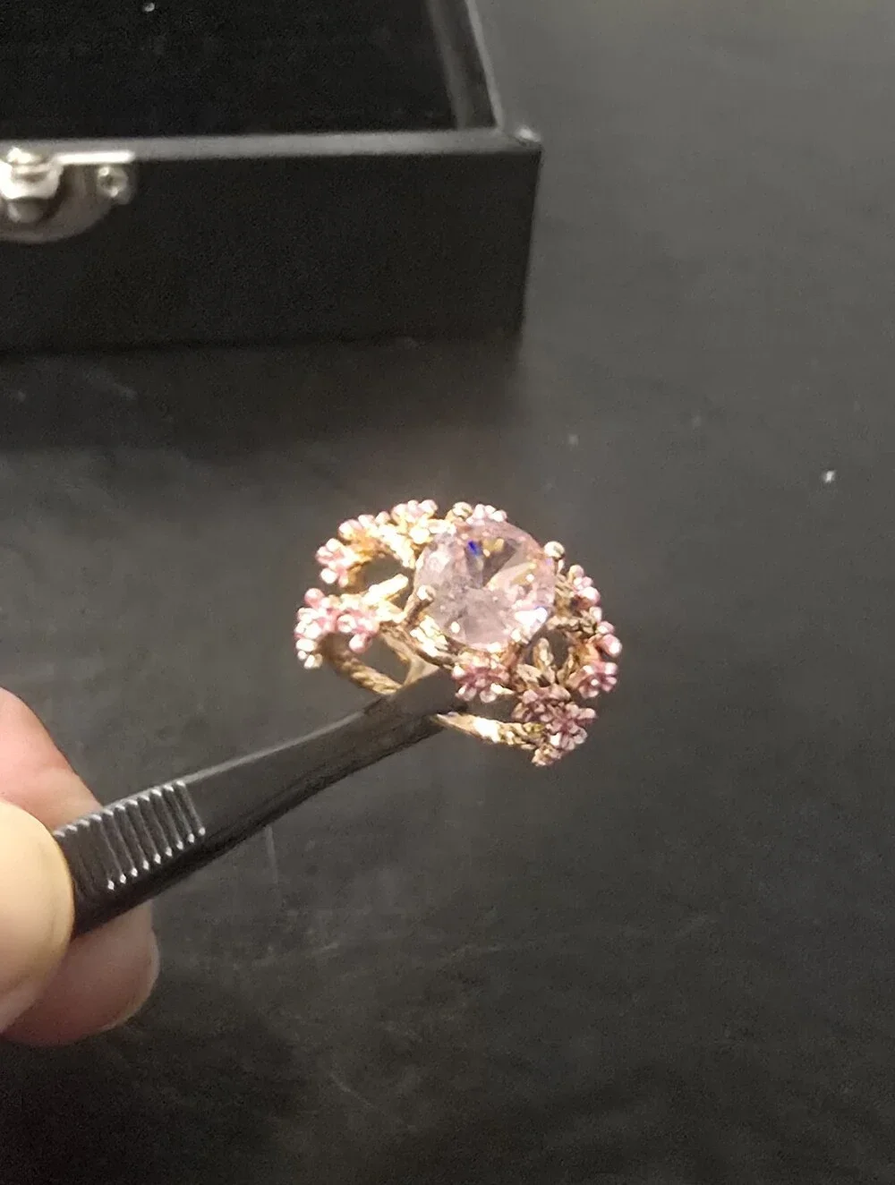 Pink Crystal Cherry Blossom Branch Ring Rose Gold Plated Flower Size 7